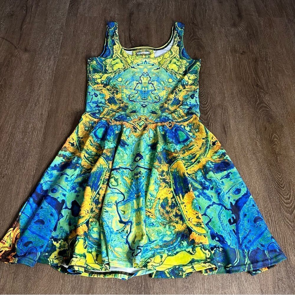 Ant Life Wearable Art Stretch Blue Teal  Mini Flare Dress Womens Size Small